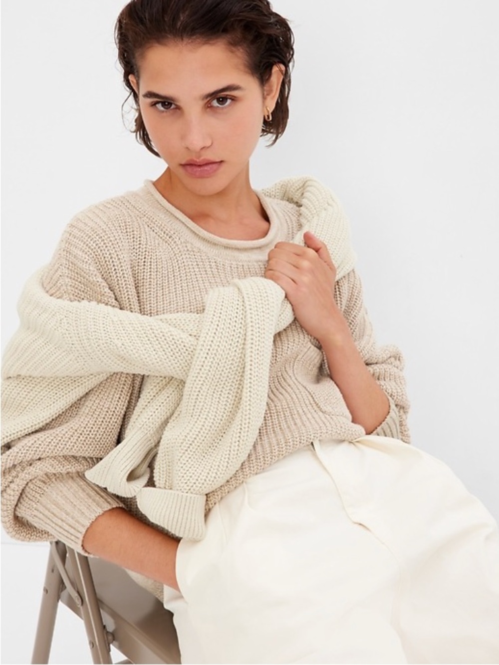 Gap Sweater Shaker Stitch Pocket Cobblestone Camel Tan Chunky Knit Sz L